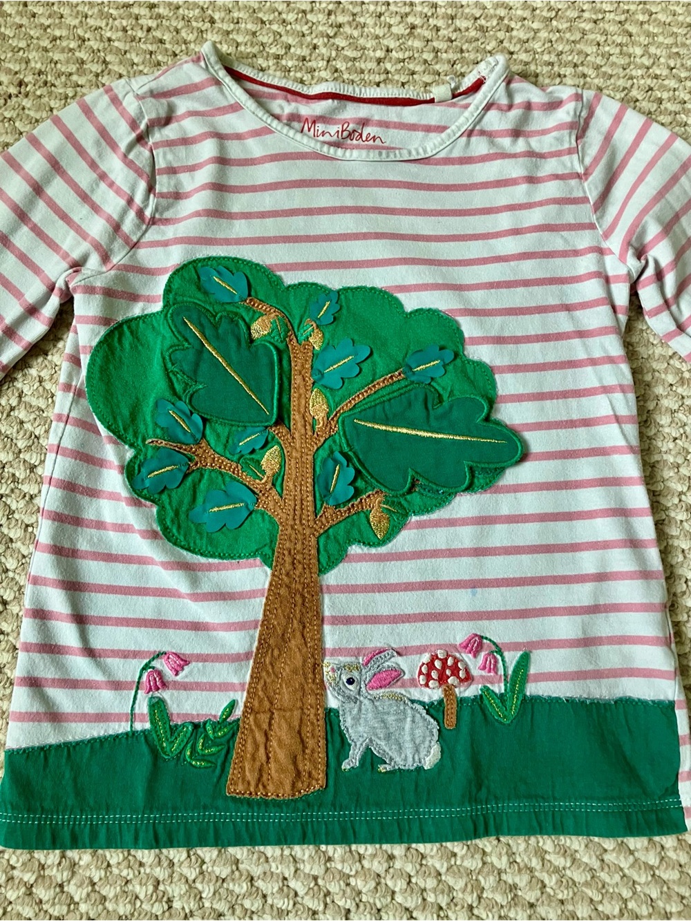 Mini Boden Girls 7-8 yrsPink Stripe Appliqué Lift the Flap Bunny Long Sleeve Top